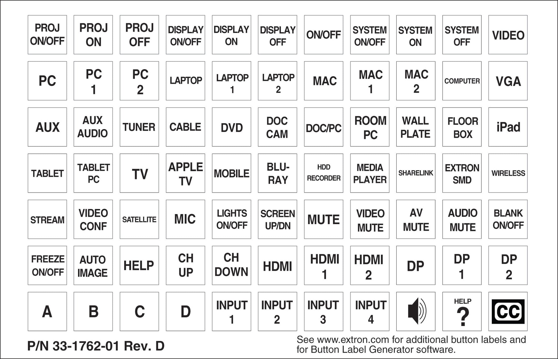 Extron Backlit Button Labels 33-1762-01
