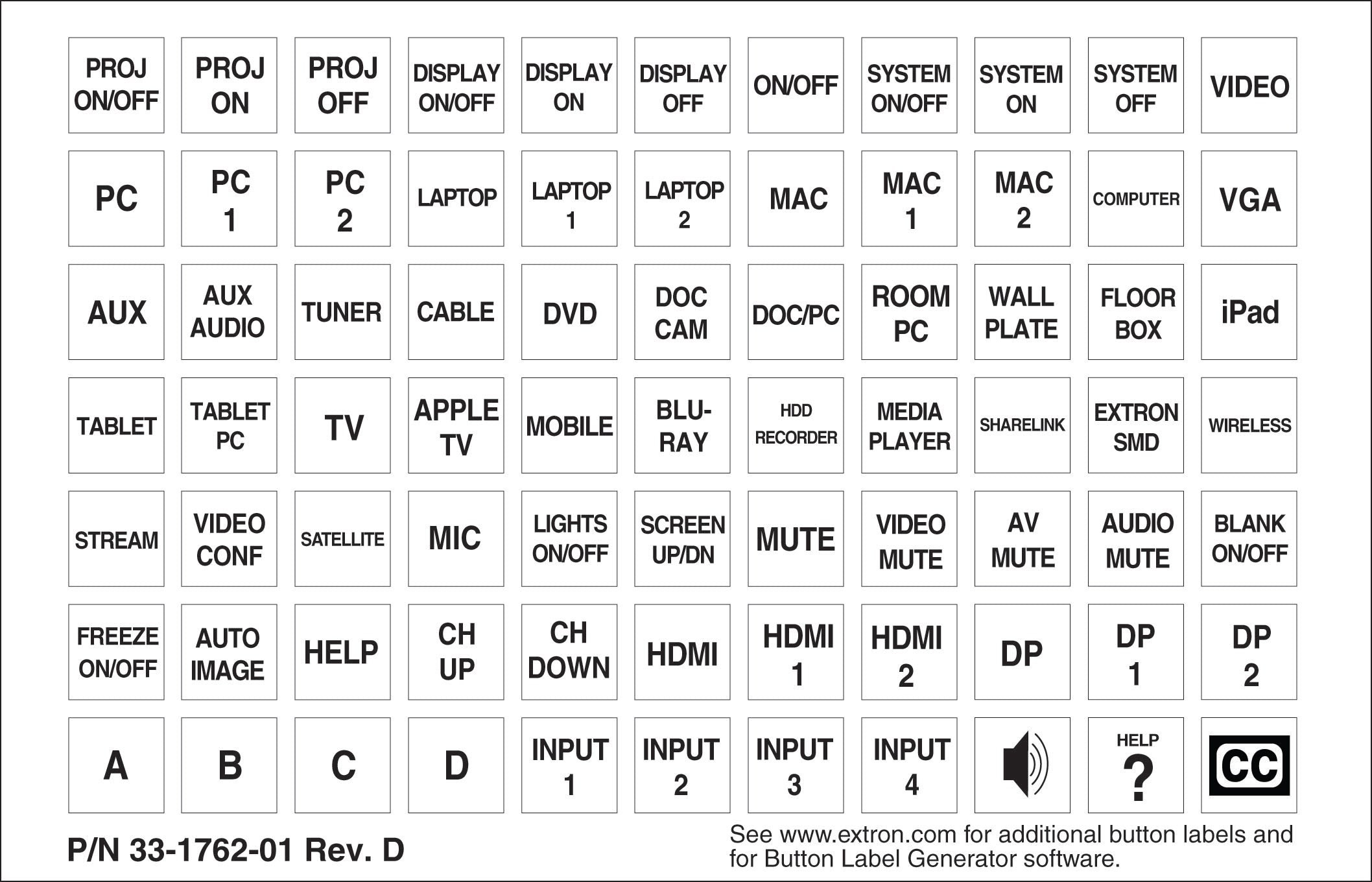 Extron Backlit Button Labels 33-1762-01