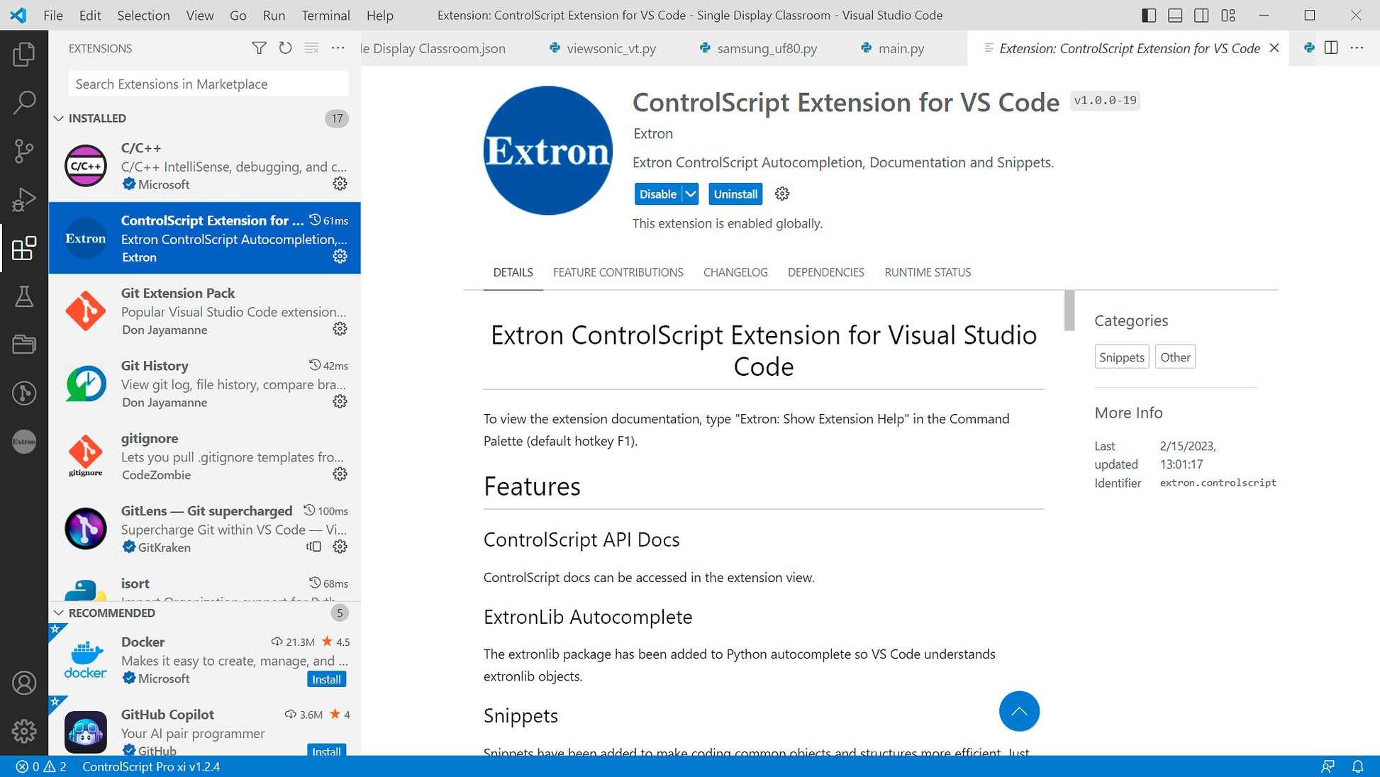Extron ControlScript Extension for VS Code 79-775-01