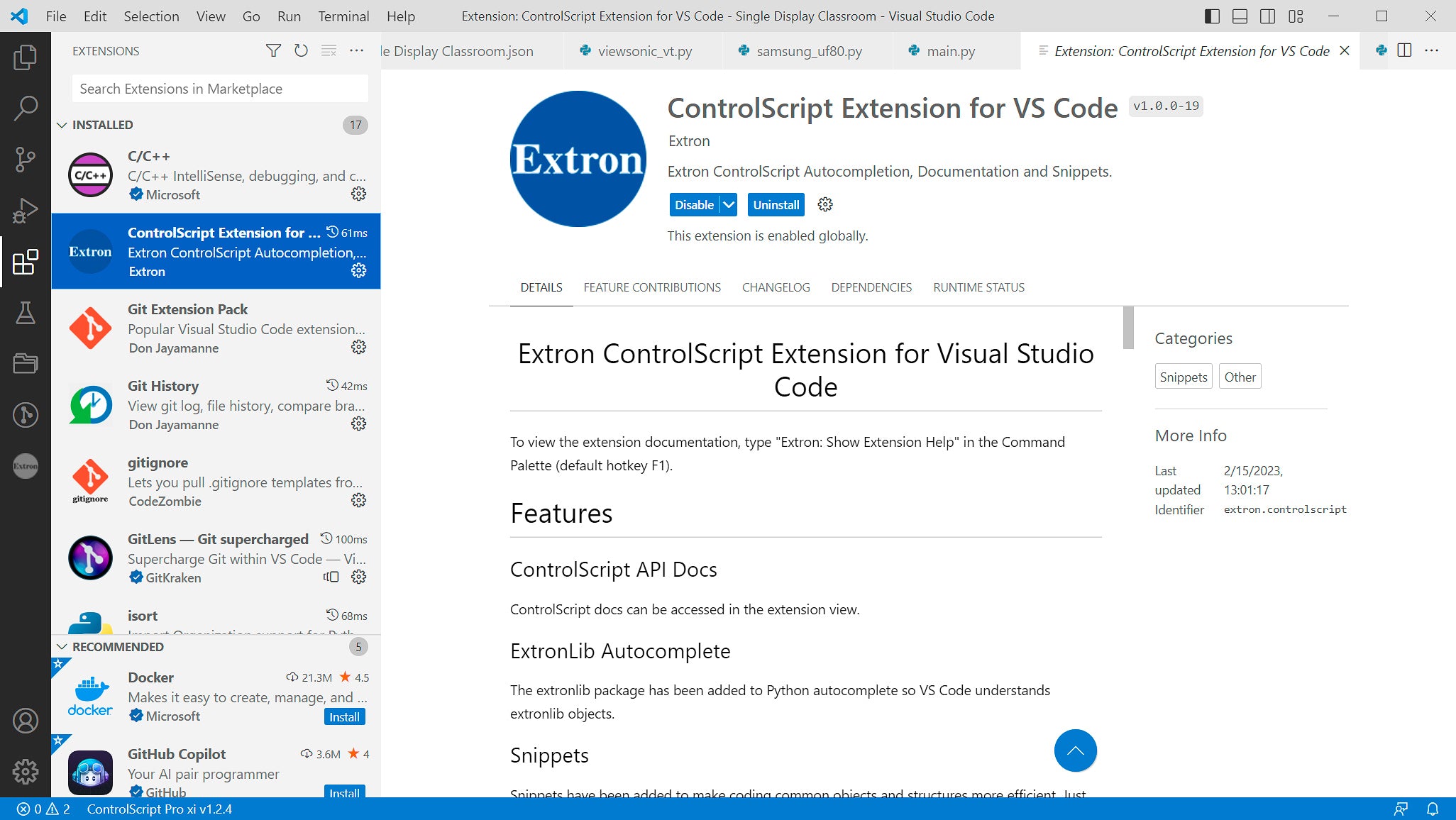 Extron ControlScript Extension for VS Code 79-775-01